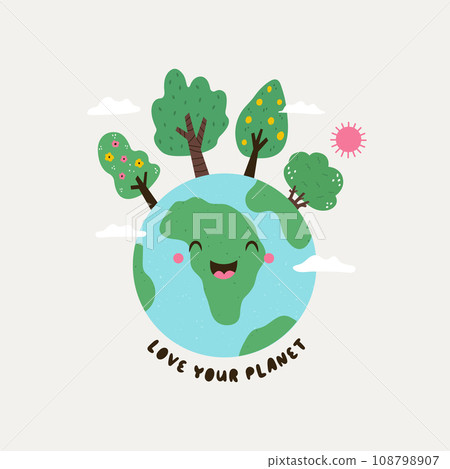 Vector illustration of a happy smiling globe, cute planet Earth. Vector illustration of a happy smiling globe, cute planet Earth. 108798907