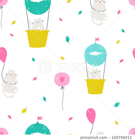 Seamless pattern with funny cats, kittens in hot air balloons Seamless pattern with funny cats, kittens in hot air balloons 108798912