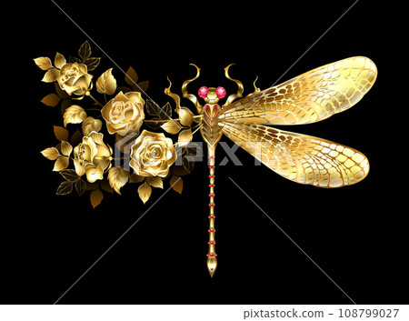 Golden flower dragonfly with rose 108799027