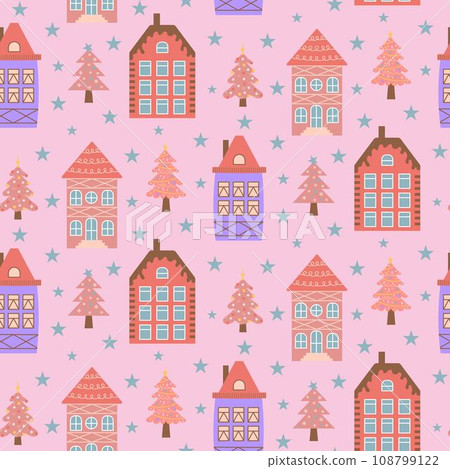 Scandinavian houses, pink Christmas trees and stars seamless pattern. Perfect for cards, invitations, wallpaper, banners, kindergarten, baby shower, children room decoration. Scandinavian houses, pink Christmas trees and stars seamless pattern. Perfect for cards, invitations, wallpaper, banners, kindergarten, baby shower, children room decoration. 108799122