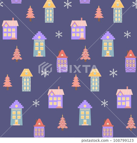 Scandinavian houses, pink Christmas trees and snowflakes seamless pattern. Perfect for cards, invitations, wallpaper, banners, kindergarten, baby shower, children room decoration. Scandinavian houses, pink Christmas trees and snowflakes seamless pattern. Perfect for cards, invitations, wallpaper, banners, kindergarten, baby shower, children room decoration. 108799123