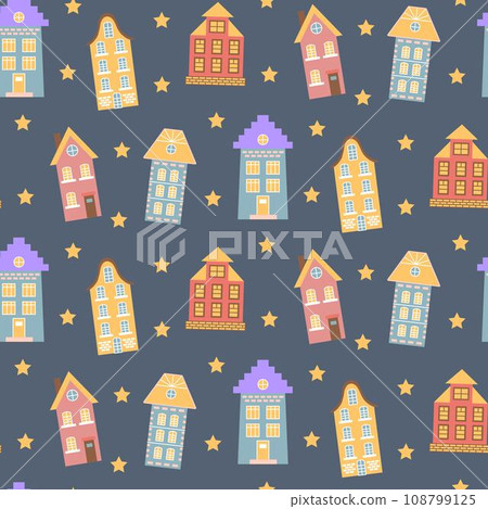 Scandinavian houses and stars seamless pattern. Perfect for cards, invitations, wallpaper, banners, kindergarten, baby shower, children room decoration. Scandinavian houses and stars seamless pattern. Perfect for cards, invitations, wallpaper, banners, kindergarten, baby shower, children room decoration. 108799125