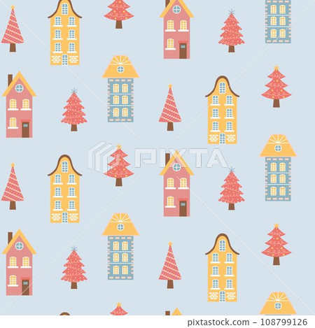Scandinavian houses and pink Christmas trees seamless pattern. Perfect for cards, invitations, wallpaper, banners, kindergarten, baby shower, children room decoration. Scandinavian houses and pink Christmas trees seamless pattern. Perfect for cards, invitations, wallpaper, banners, kindergarten, baby shower, children room decoration. 108799126