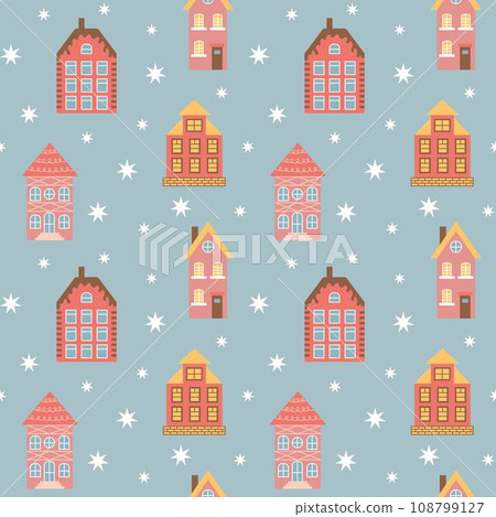 Scandinavian pink houses and snowflakes seamless pattern. Perfect for cards, invitations, wallpaper, banners, kindergarten, baby shower, children room decoration. Scandinavian pink houses and snowflakes seamless pattern. Perfect for cards, invitations, wallpaper, banners, kindergarten, baby shower, children room decoration. 108799127