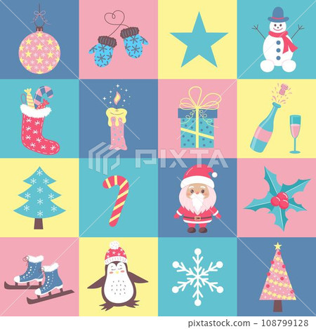 Christmas icons, characters, elements with geometric seamless square pattern for wrapping paper, background, wallpaper. Geometric pastel checkered print. Christmas icons, characters, elements with geometric seamless square pattern for wrapping paper, background, wallpaper. Geometric pastel checkered print. 108799128