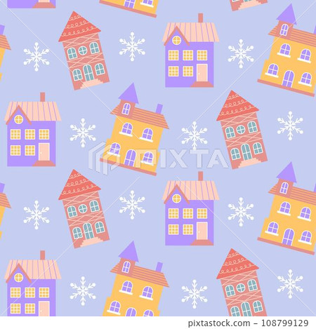 Scandinavian houses and snowflakes seamless pattern. Perfect for cards, invitations, wallpaper, banners, kindergarten, baby shower, children room decoration. 108799129