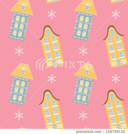 Scandinavian houses and snowflakes pink seamless pattern. Perfect for cards, invitations, wallpaper, banners, kindergarten, baby shower, children room decoration. Scandinavian houses and snowflakes pink seamless pattern. Perfect for cards, invitations, wallpaper, banners, kindergarten, baby shower, children room decoration. 108799130