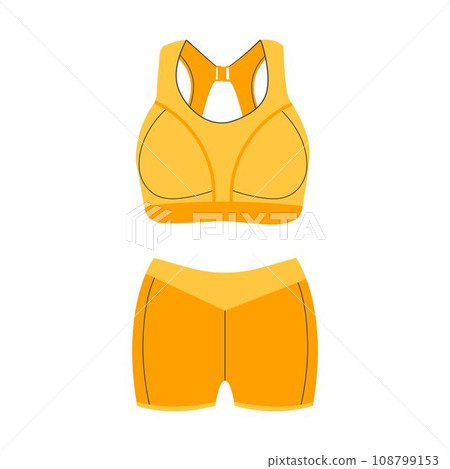 Sports shorts and top. Female fitness suit. Healthy lifestyle, lose weight, diet concept. Flat cartoon illustration. Sports shorts and top. Female fitness suit. Healthy lifestyle, lose weight, diet concept. Flat cartoon illustration. 108799153