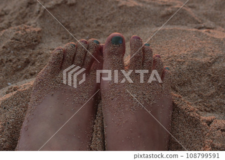 沙灘和覆蓋的沙腳 108799591