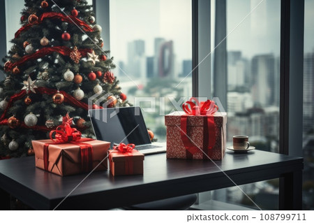 Workplace office decorate with Christmas and many gift box. Generative AI Workplace office decorate with Christmas and many gift box. Generative AI 108799711