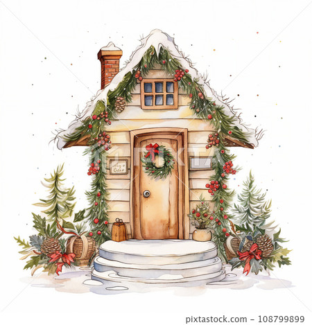 Watercolor hand drawn illustration winter landscape with house. Generative ai Watercolor hand drawn illustration winter landscape with house. Generative ai 108799899