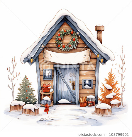 Watercolor hand drawn illustration winter landscape with house. Generative ai Watercolor hand drawn illustration winter landscape with house. Generative ai 108799901