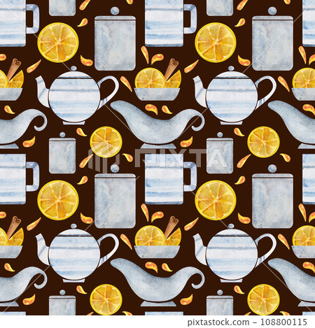 Hand drawn watercolor teaware, tea lemon, dishes crockery porcelain, hot beverage. Seamless pattern isolated on white background. For invitations, cafe, restaurant food menu, print, website, cards 108800115