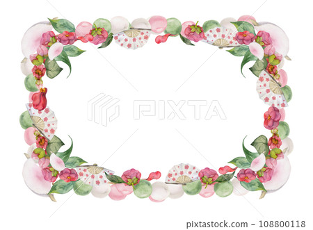 Watercolor hand drawn traditional Japanese sweets. Frame with winter wagashi and camellia. Isolated on white background. Design for invitations, restaurant menu, greeting cards, print, textile Watercolor hand drawn traditional Japanese sweets. Frame with winter wagashi and camellia. Isolated on white background. Design for invitations, restaurant menu, greeting cards, print, textile 108800118