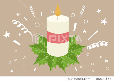 Christmas Candle With Ribbon and Holly Leaves. Vector Candlelight Flat illustration. Decorative Holiday element with fireworks and Stars. Religious Holiday template for Card, Banner, Invitation. 108800137