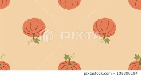Pumpkin seamless pattern. Hand drawing orange pumpkins on cream color background. Vector Flat style illustration. Template for Textile, Fabric, Kitchen decoration. Thanksgiving day and Halloween Pumpkin seamless pattern. Hand drawing orange pumpkins on cream color background. Vector Flat style illustration. Template for Textile, Fabric, Kitchen decoration. Thanksgiving day and Halloween 108800194