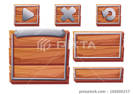 Set Wood panel with metal border, frame menu in cartoon style isolated on white background. Signboard bar, template, game ui background. Set Wood panel with metal border, frame menu in cartoon style isolated on white background. Signboard bar, template, game ui background. 108800257