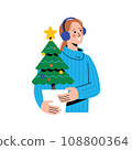 headphones holding Christmas tree. Young happy girl standing, holding Xmas fir, surprising new year, preparing for winter holidays 108800364