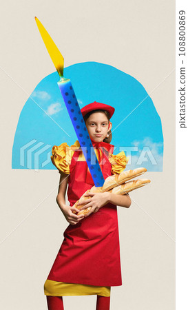 Poster. Contemporary art collage. Modern creative artwork. Funny little girl looks like baker and holding baguette with birthday candle. 108800869