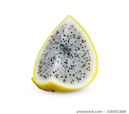 Sliced of yellow dragon fruit isolated on white background 108801806