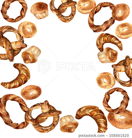 Frame of different kinds of baked goods watercolor isolated on white. Hand drawn simit, pretzel for bakery. Painted brioche, bagel. Illustration of croissant, bread. Design for bakery, grocery store Frame of different kinds of baked goods watercolor isolated on white. Hand drawn simit, pretzel for bakery. Painted brioche, bagel. Illustration of croissant, bread. Design for bakery, grocery store 108801820
