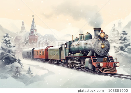 Vintage illustration of an old train decorated for Christmas. Steam locomotive, passenger cars and snowy scenery. Vintage illustration of an old train decorated for Christmas. Steam locomotive, passenger cars and snowy scenery. 108801900