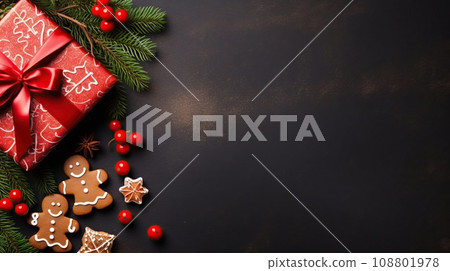 Christmas decorations on wooden background, top view with space for text Christmas decorations on wooden background, top view with space for text 108801978