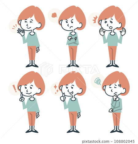 具有各種表情的全身女性插圖集 108802045