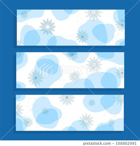 Set three winter horizontal banners. Vector background. Snowflakes, dots, transparent shapes. Set three winter horizontal banners. Vector background. Snowflakes, dots, transparent shapes. 108802091