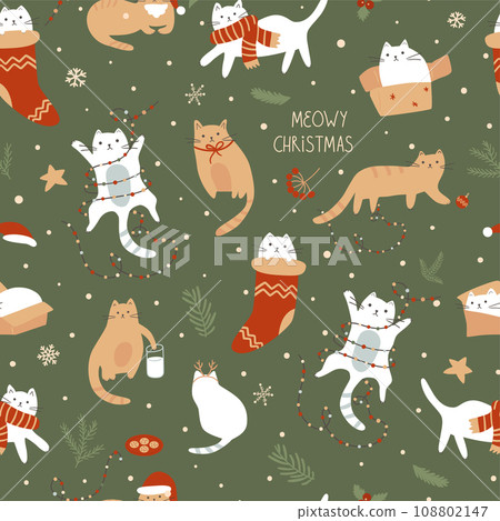Christmas cats seamless pattern. Vector funny pets on the winter holiday at home Christmas cats seamless pattern. Vector funny pets on the winter holiday at home 108802147