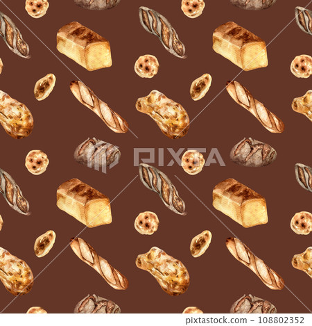 Variety bread watercolor seamless pattern isolated on dark. Hand drawn rye bread, loaf for bakery. Painted pitta, ciabatta. Illustration of baguette. Element for design bakeshop, package, trade 108802352