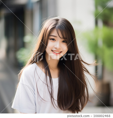 美麗的微笑的長髮少女 108802468