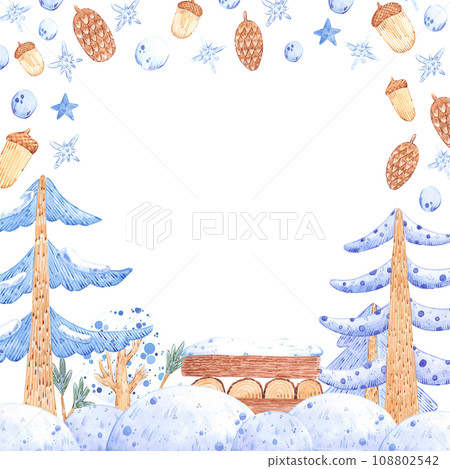 Hand drawn watercolor winter forest with firewood frame border. Fairy illustration isolated on white background. Can be used for label, postcard, album and other printed products. 108802542