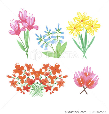 Hand drawn watercolor abstract daisy and tulip flowers bouquet isolated on white background. Can be used for cards, label, poster and other printed products. Hand drawn watercolor abstract daisy and tulip flowers bouquet isolated on white background. Can be used for cards, label, poster and other printed products. 108802553