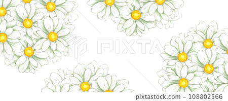 Hand drawn watercolor white chamomile banner border isolated on white background. Can be used for banner, decoration and other printed products. Hand drawn watercolor white chamomile banner border isolated on white background. Can be used for banner, decoration and other printed products. 108802566