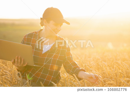 Woman farmer working with laptop on wheat field. Smart farming and digital agriculture 108802776