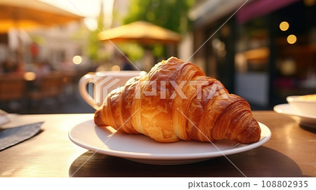Fresh croissant and cup of coffee on the table in a cafe 108802935
