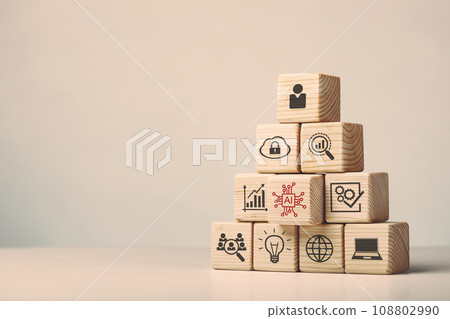 Assembled wooden cubes of the application of artificial intelligence in business Assembled wooden cubes of the application of artificial intelligence in business 108802990