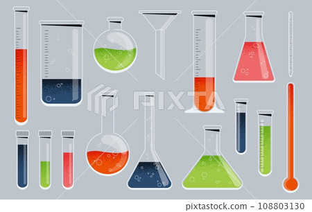 Chemistry glass. Laboratory glassware with test tube beaker flask pipette erlenmeyer flask, science instrument collection. Vector set 108803130