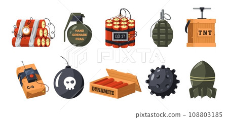 Cartoon bomb set. Dynamite and bomb military explosive ammunition devic eand artillery game asset. Vector collection 108803185