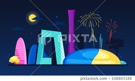 Fireworks in China at night - modern colored vector illustration Fireworks in China at night - modern colored vector illustration 108803188