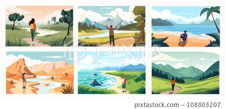 People enjoying landscape view. Cartoon characters hiking and camping on nature, travelers and hikers discover new places. Vector isolated set 108803207