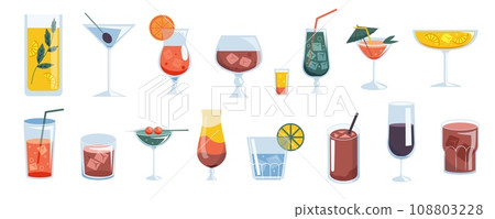 Cocktail drinks. Tropical vermouth, cold champagne and rum, cold fruit drinks, alcoholic beverages with ice. Bar menu vector set Cocktail drinks. Tropical vermouth, cold champagne and rum, cold fruit drinks, alcoholic beverages with ice. Bar menu vector set 108803228