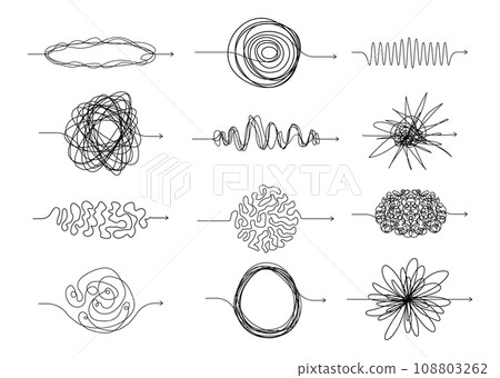 Chaotic line arrows. Doodle chaos simple drawn symbols, confused messy knot tangle scribbled lines. Vector isolated set 108803262
