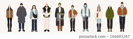 People in winter clothes. Cartoon characters wearing winter coats and hats, modern male and female characters in trendy wintertime outfits. Vector set 108803267