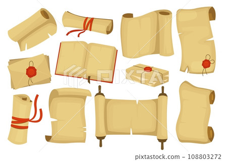 Papyrus scroll set. Old paper roll with ancient manuscript text, vintage parchment certificate map message stickers cartoon style. Vector collection 108803272