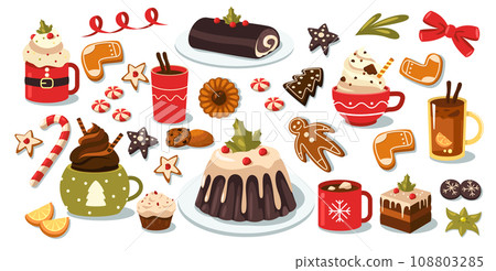 Christmas sweets and drinks. Cartoon winter holiday traditional food, cup of hot chocolate with marshmallows, poinsettia plant and holly berries. Vector set 108803285
