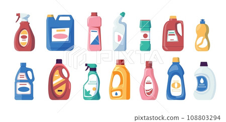 Household chemichals. Cartoon liquid soap and detergent bottles, foam and liquid cleaning products for home and bathroom. Vector set 108803294