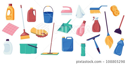 House cleaning tools. Washing and cleaning equipment, rubber gloves, dustpan and brush, soap bottle and bucket. Vector housekeeping chemical set House cleaning tools. Washing and cleaning equipment, rubber gloves, dustpan and brush, soap bottle and bucket. Vector housekeeping chemical set 108803298