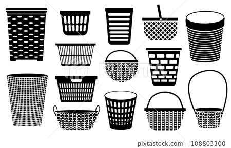 Wicker basket black icons. Handmade woven picnic basket for fruits and vegetables, natural rural decoration for logo design. Vector isolated set 108803300